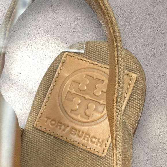 Tory Burch Espadrille Linley Wedge Sandals Brown Canvas with Green/Tan Jute 8M - Picture 9 of 16
